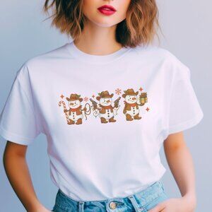 Western Christmas Graphic Tee Howdy Snowman Cowboy Retro T-Shirt Cute Whimsi